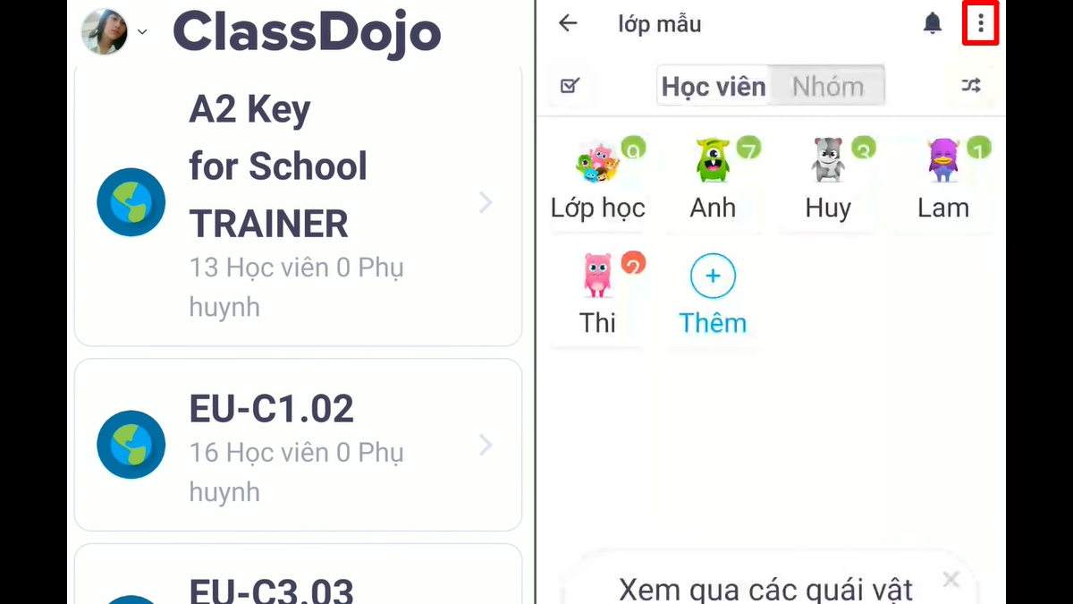 Cách lưu trữ lớp học trên phiên bản App (Hình minh họa)