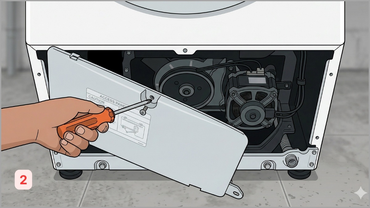 Nghiêng máy giặt và tháo tấm ốp bảo vệ