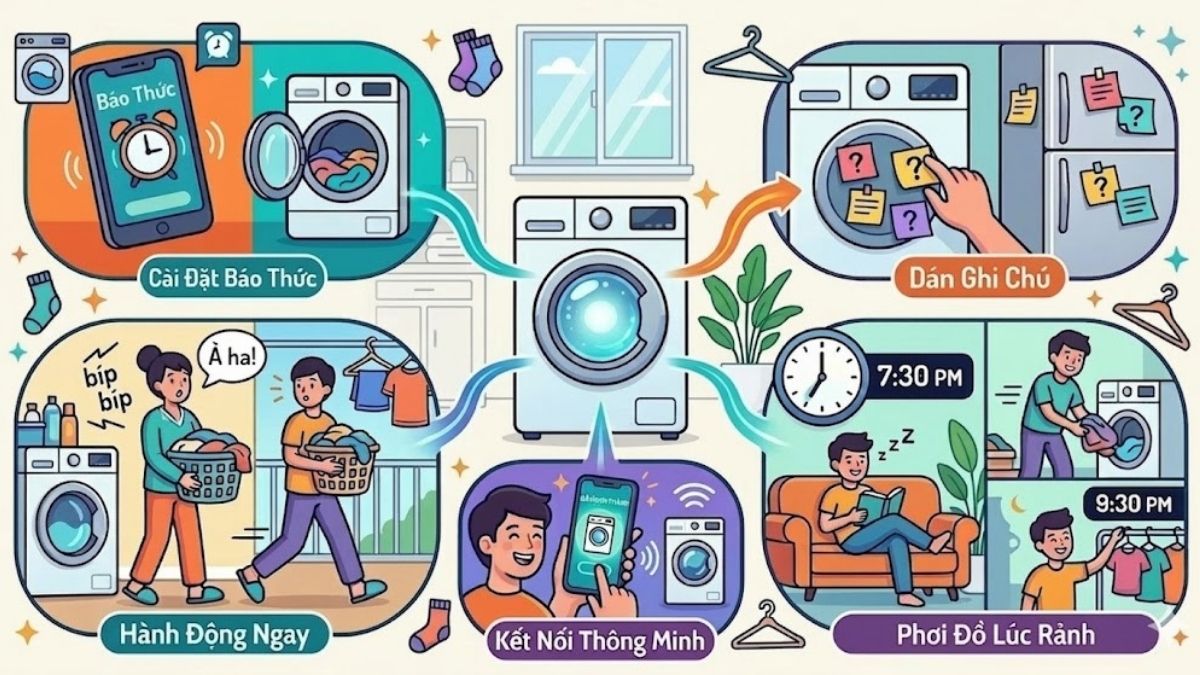 Cách tránh quên để quần áo trong máy giặt qua đêm