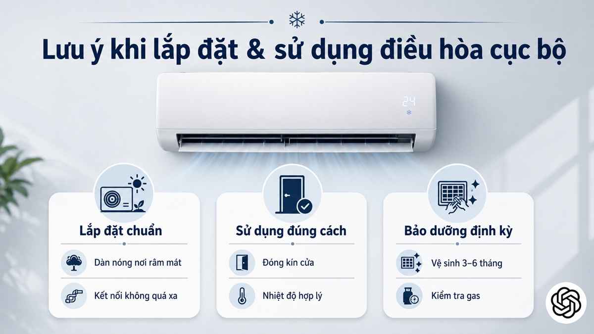 Những lưu ý khi lắp đặt và sử dụng điều hòa cục bộ