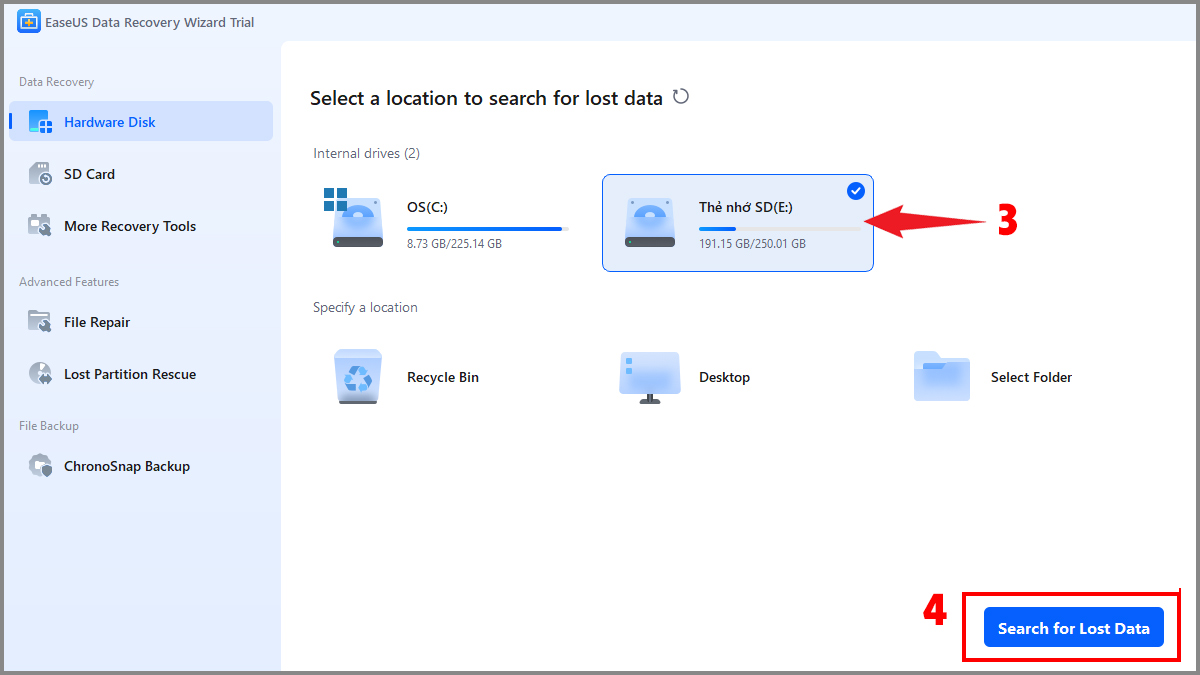 Mở phần mềm và chọn ổ đĩa bị mất dữ liệu