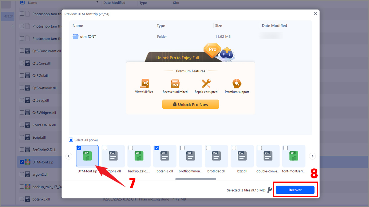 Chọn file và nhấn Recover lưu sang ổ khác
