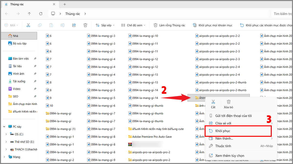  Nhấn chuột phải vào file hoặc thư mục cần khôi phục