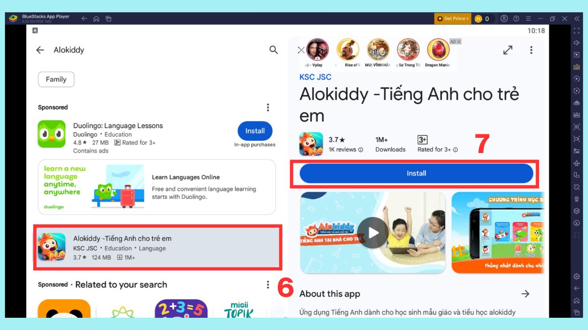 Chọn ứng dụng Alokiddy rồi nhấn Install