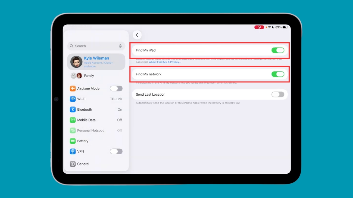 Bật công tắc Tìm iPad