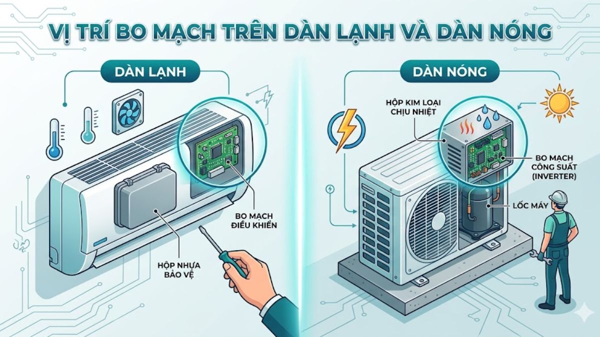 Vị trí bo mạch trên dàn lạnh và dàn nóng