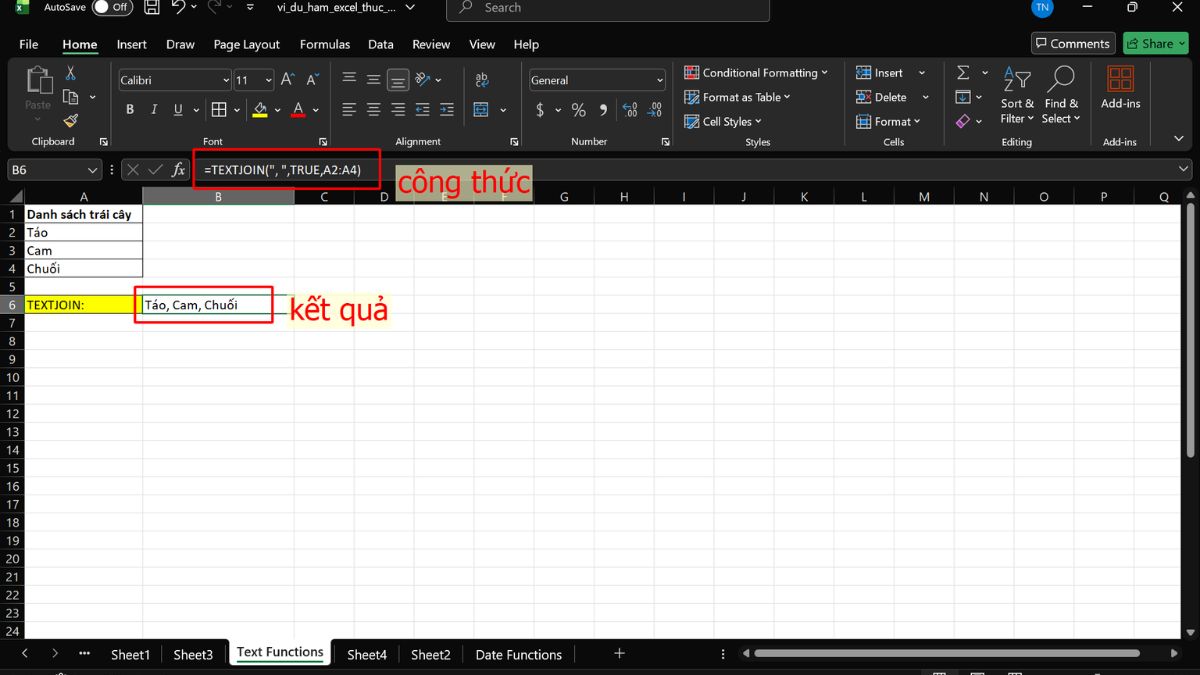 Hàm TEXTJOIN để nối chuỗi với ký tự phân cách