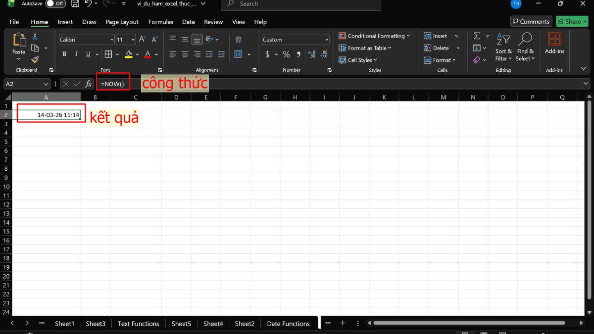 Hàm NOW sẽ trả về cả ngày và thời gian