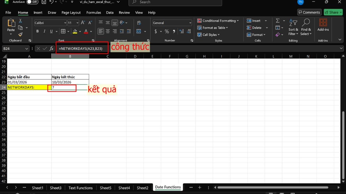 Hàm NETWORKDAYS để tính ngày làm việc