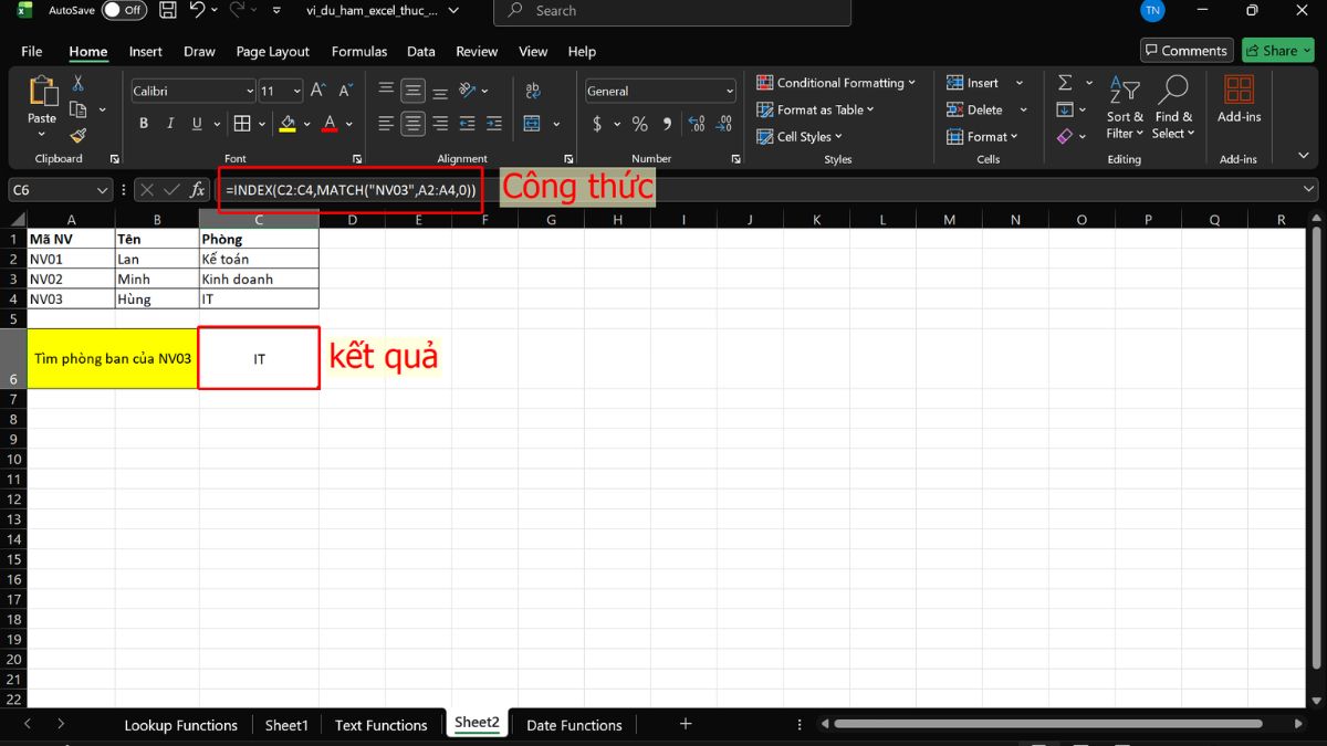 Hàm INDEX và MATCH kết hợp tra cứu nâng cao