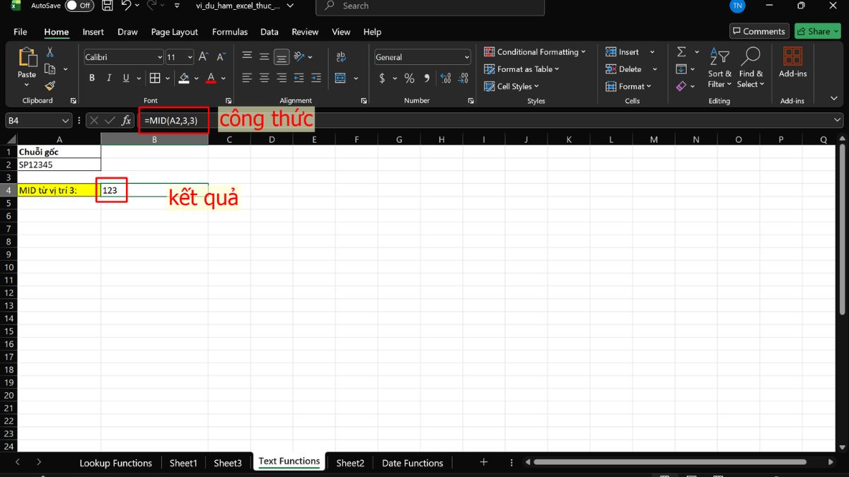 Hàm MID sẽ bắt đầu từ ký tự thứ 3 