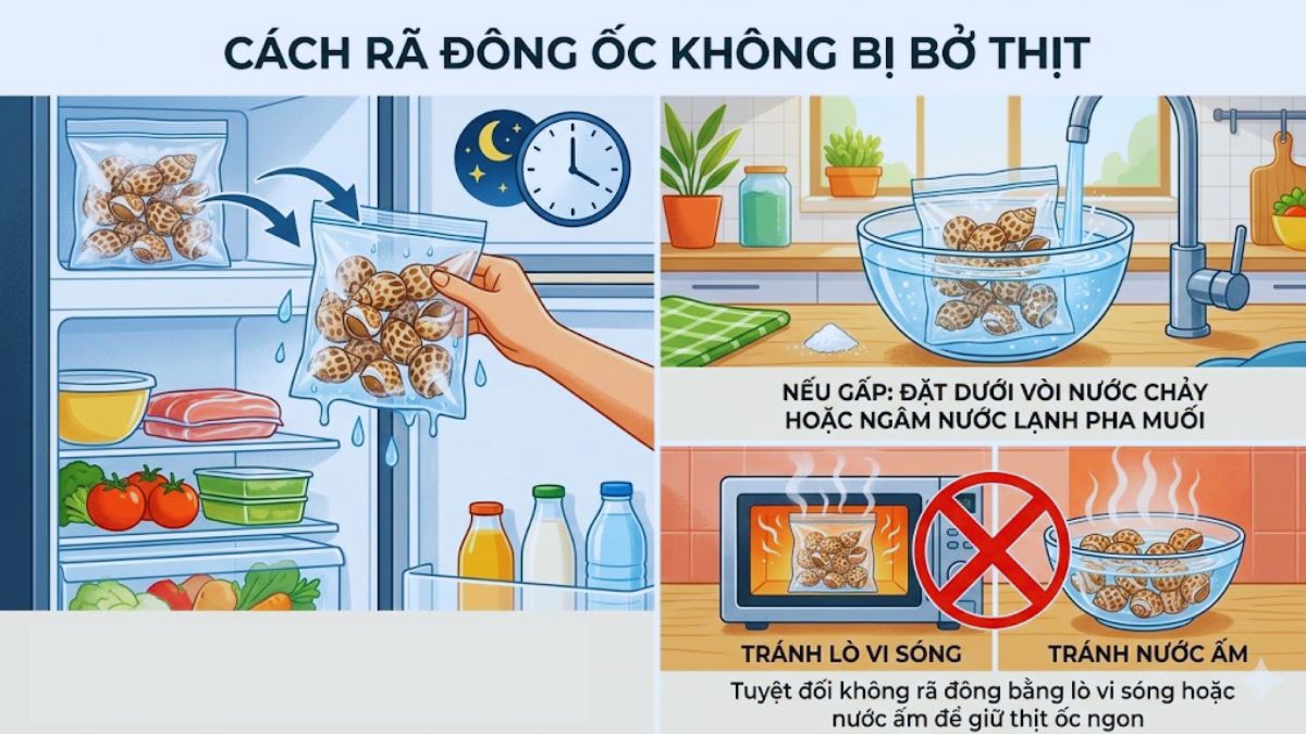 Cách rã đông không làm ốc bị bở thịt