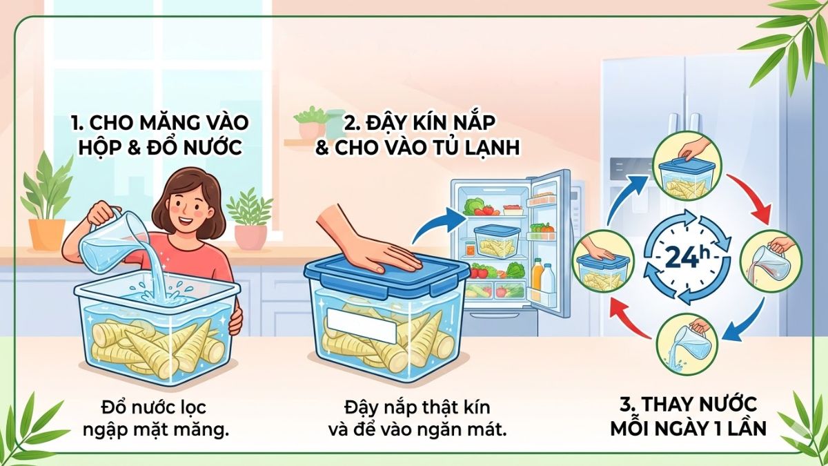 Ngâm măng trong nước sạch và thay nước mỗi ngày