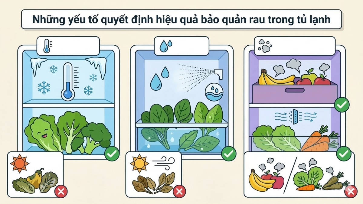 Những yếu tố quyết định hiệu quả bảo quản rau trong tủ lạnh