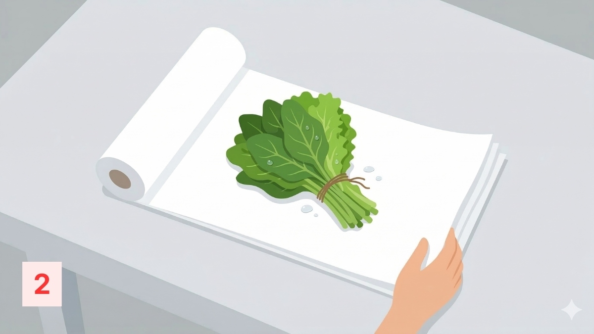 Đặt lượng rau vừa đủ đã lặt sạch phần hỏng lên trên lớp giấy