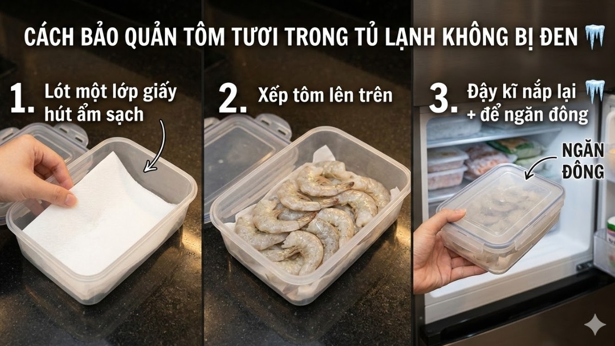 Cách bảo quản tôm không bị đen đầu bằng giấy hút ẩm