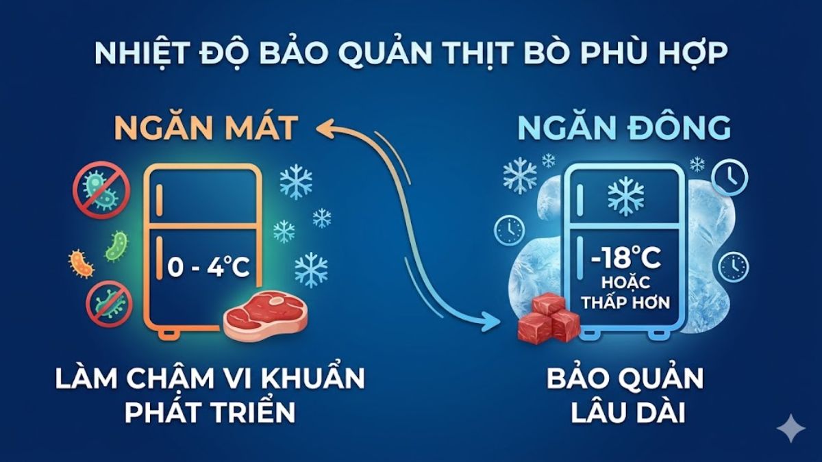 Nhiệt độ ngăn mát và ngăn đông phù hợp để bảo quản thịt bò