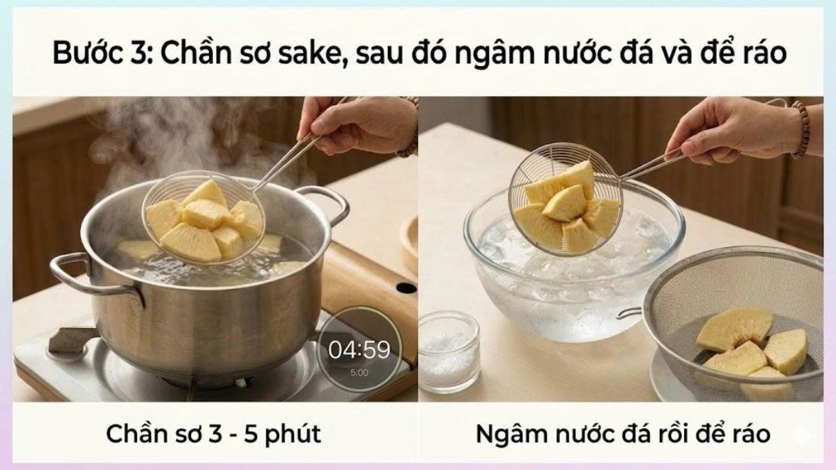 Chần sơ 3 - 5 phút rồi ngâm đá