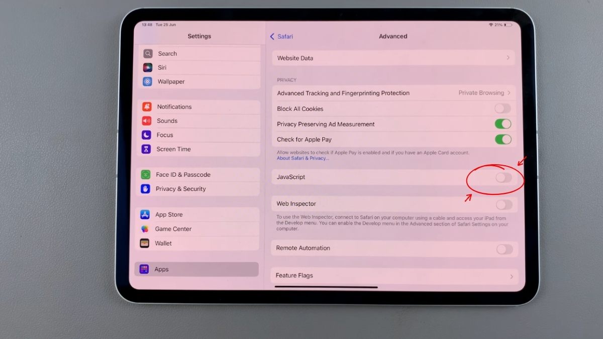 Cách tắt JavaScript trên iPad bước 4