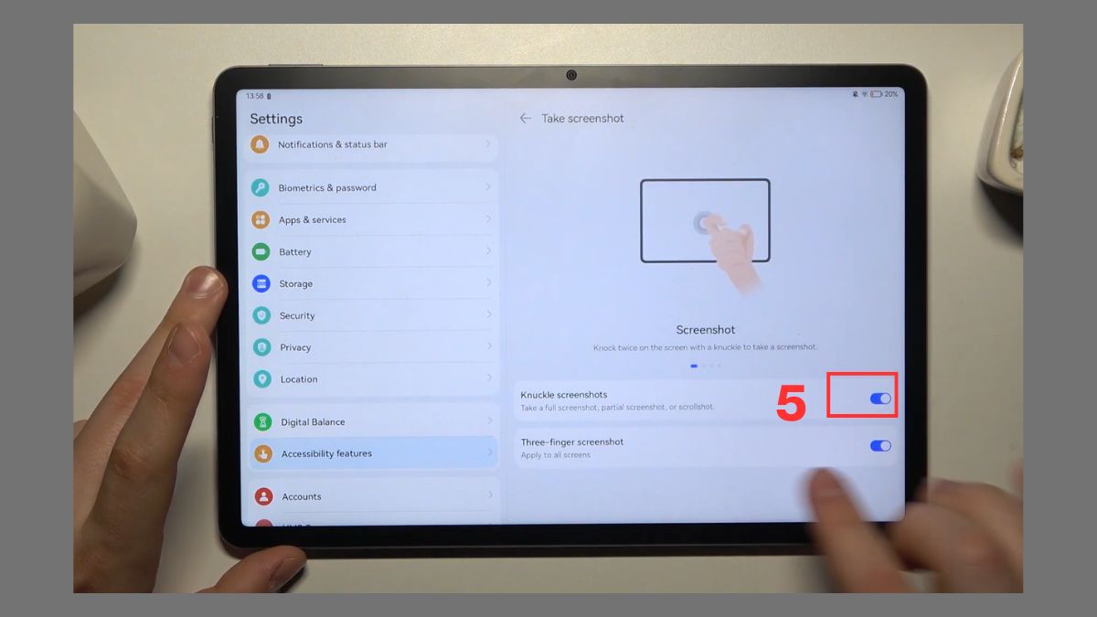 Bật tính năng Chụp màn hình bằng khớp ngón tay