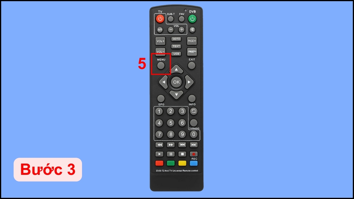 Nhấn nút Menu trên remote đầu thu DVB-T2