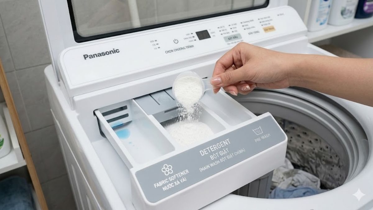 Cho bột giặt và nước xả đúng ngăn