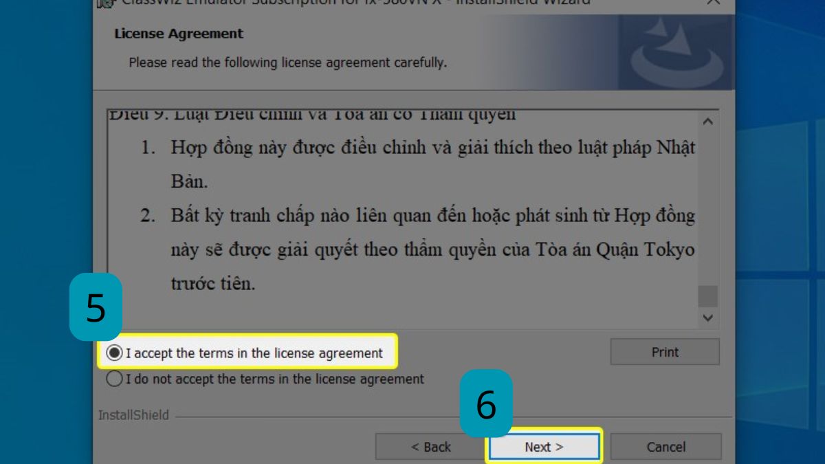 Chọn I accept the terms in the license agreement