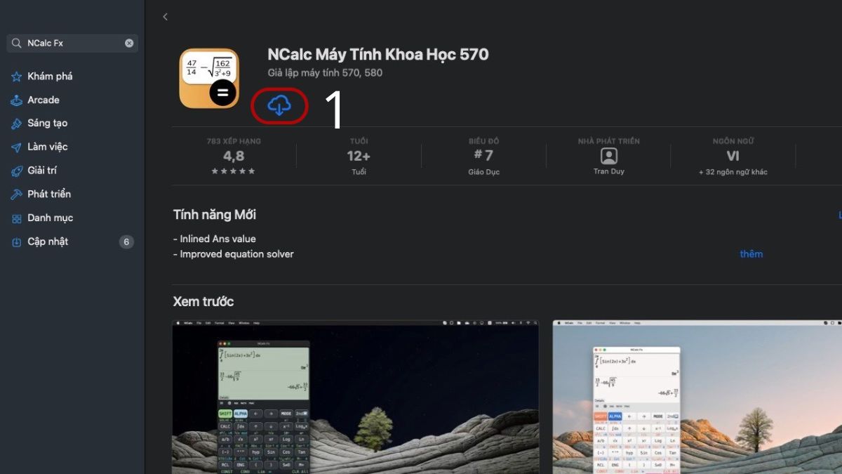 nhấn cài đặt ứng dụng NCalc Máy Tính Khoa Học 570