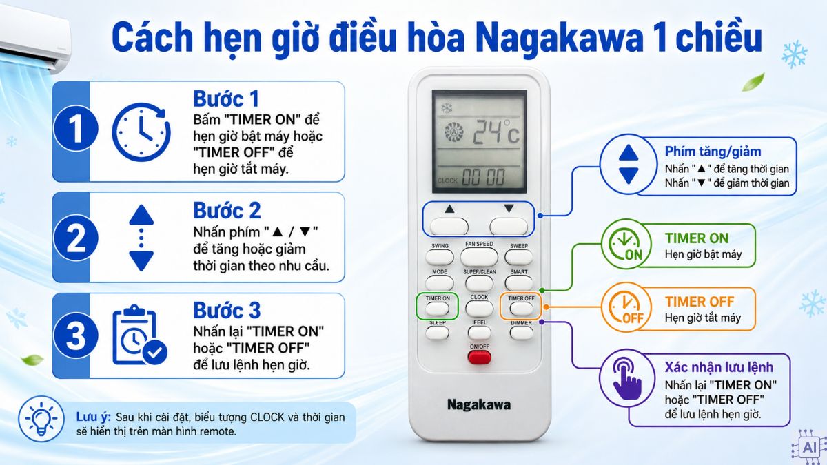 Cách hẹn giờ điều hòa Nagakawa 1 chiều