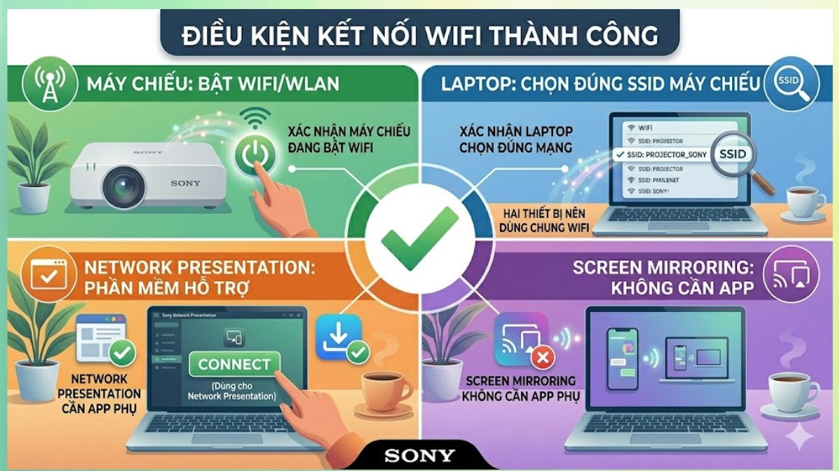 Cách kết nối không dây máy chiếu Sony với laptop qua WiFi