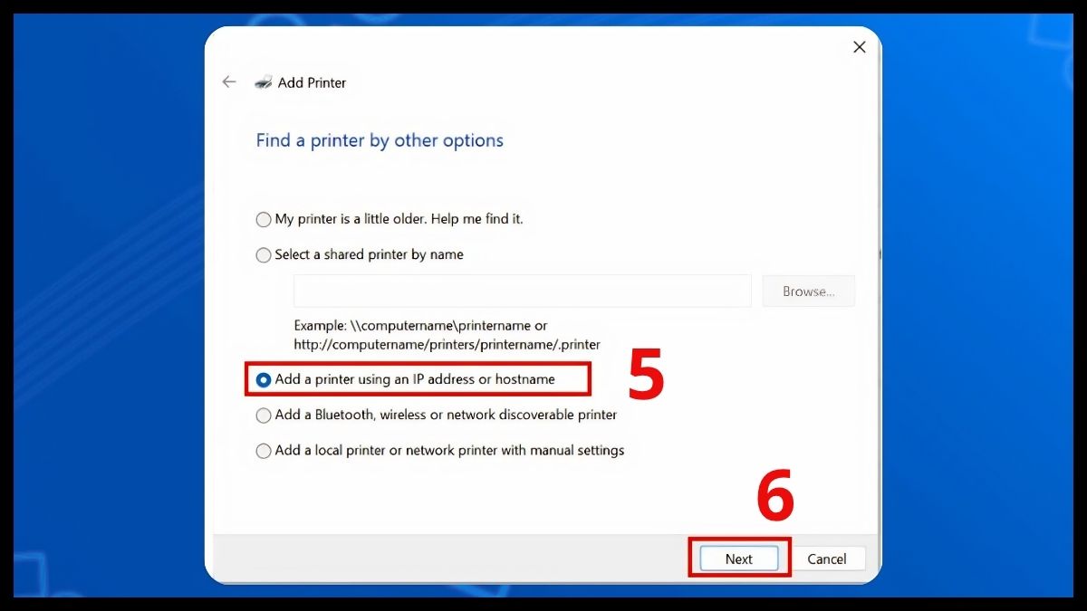 Chọn Add a printer using an IP address or hostname