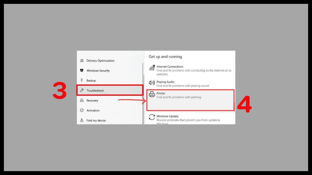 Vào mục Troubleshoot → Printer