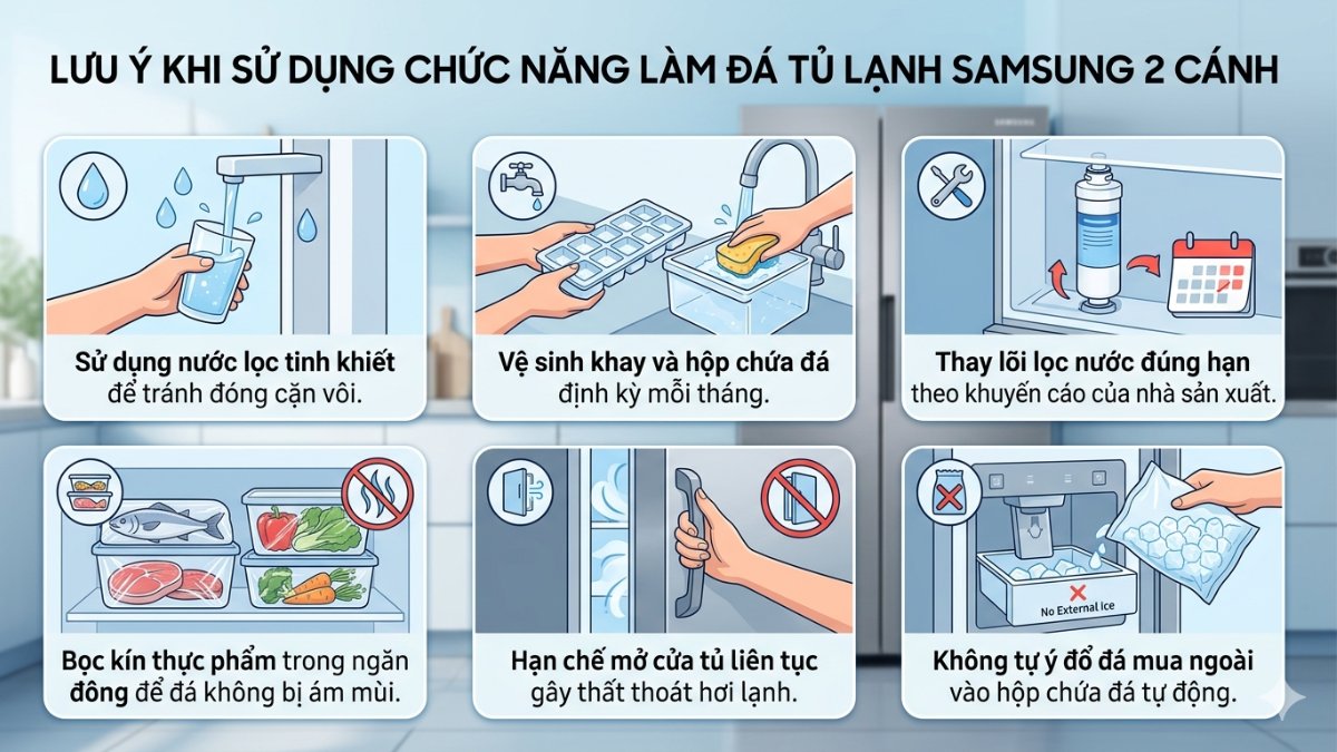 Lưu ý khi sử dụng chức năng làm đá tủ lạnh Samsung 2 cánh