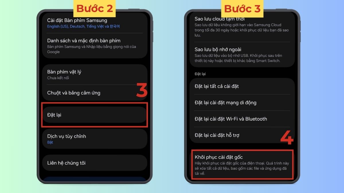 Chọn vào mục đặt lại