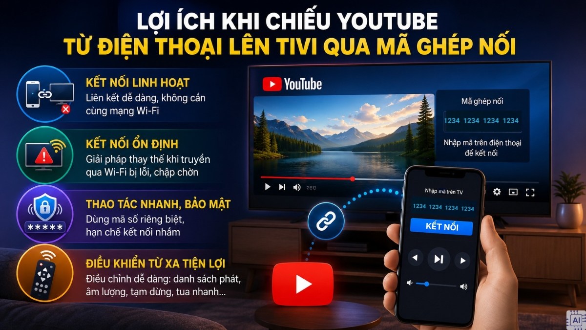 Lợi ích khi chiếu YouTube từ điện thoại lên tivi qua mã ghép nối