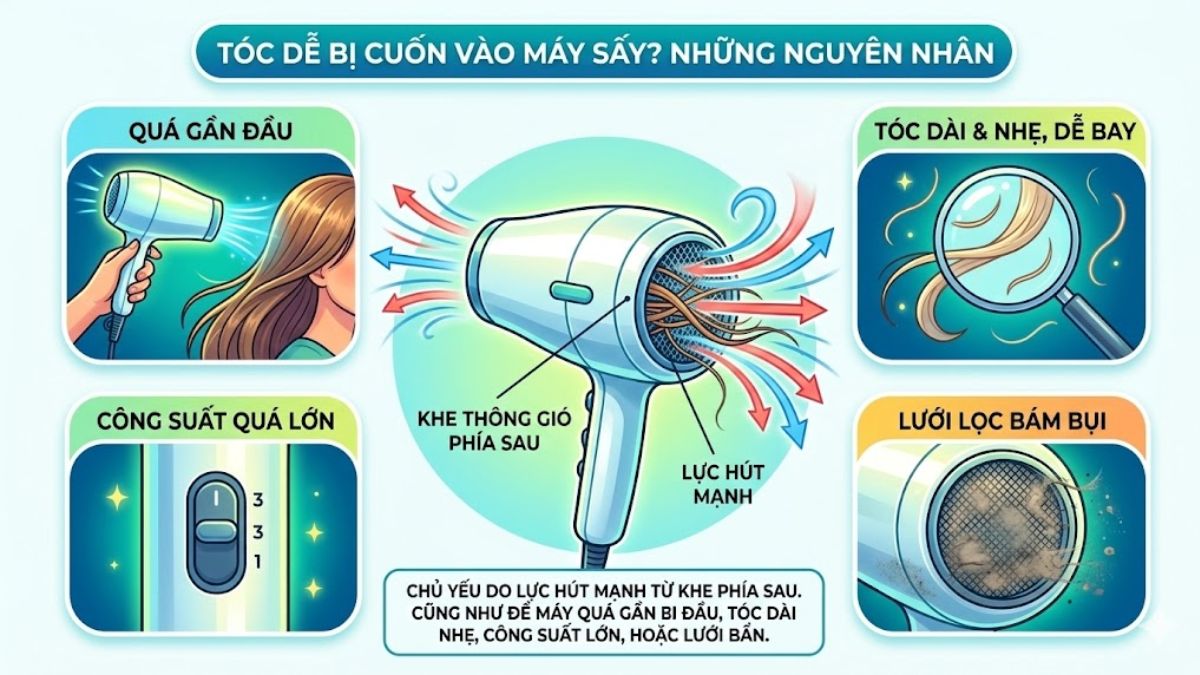 Vì sao tóc dễ bị cuốn vào máy sấy?