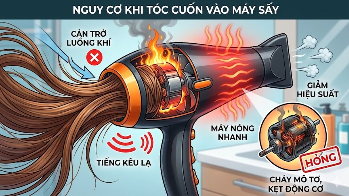 Tóc bị cuốn vào máy sấy có sao không?