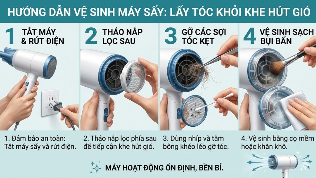 Cách lấy tóc ra khỏi máy sấy từ khe hút gió