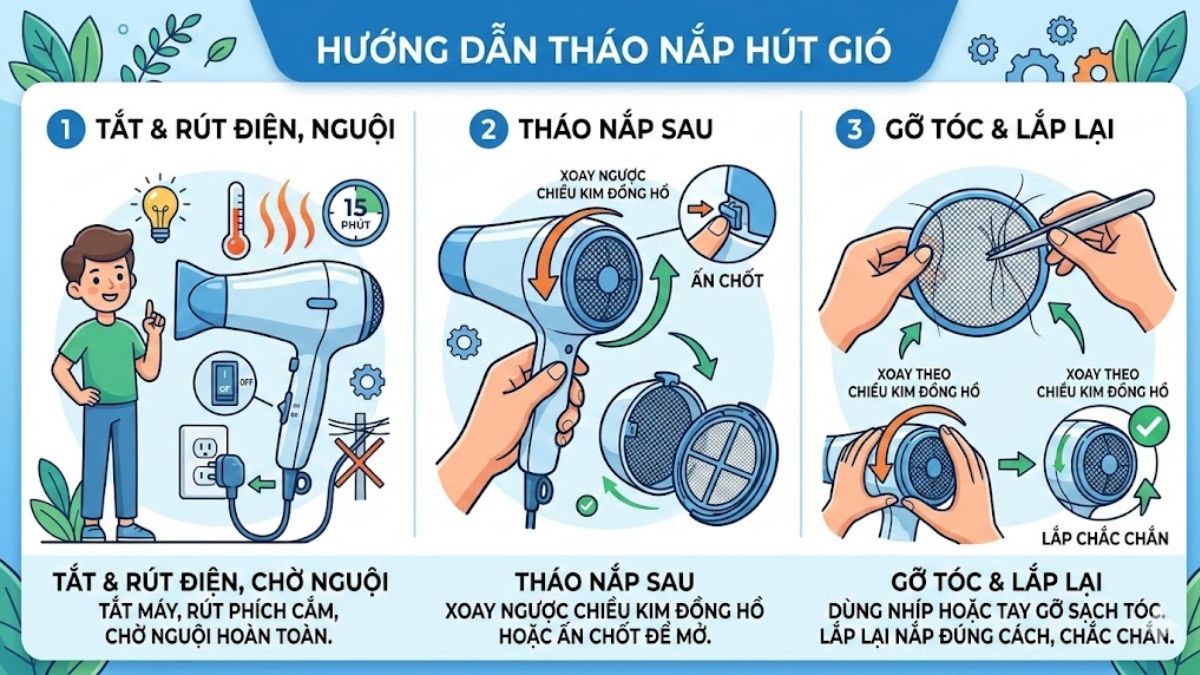 Hướng dẫn tháo nắp hút gió máy sấy tóc để lấy tóc