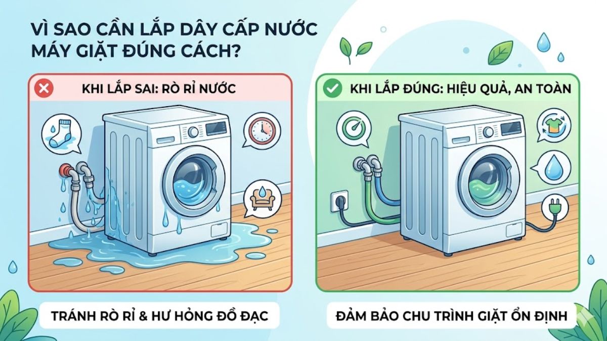 Vì sao cần lắp dây cấp nước máy giặt đúng cách?