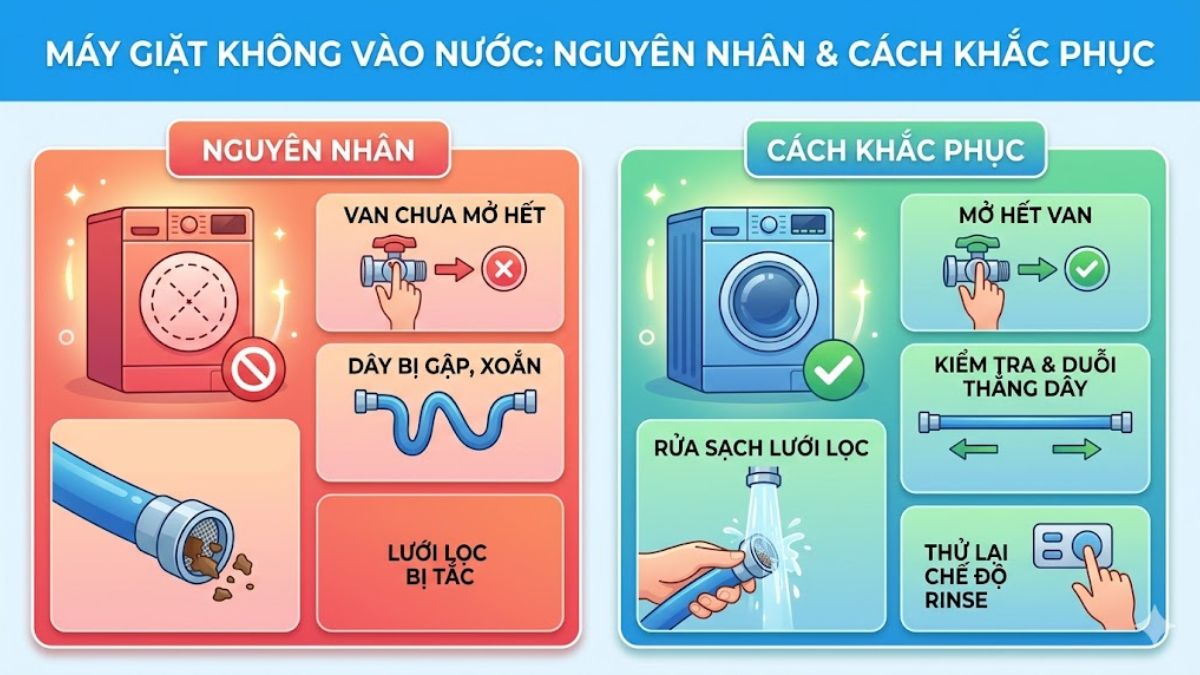 Lỗi thường gặp liên quan đến dây cấp nước máy giặt