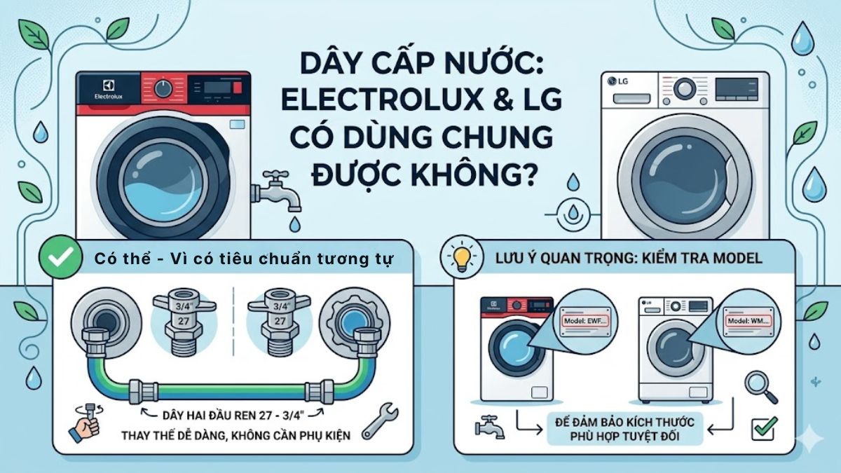 Dây cấp nước máy giặt Electrolux và LG có dùng chung được không?