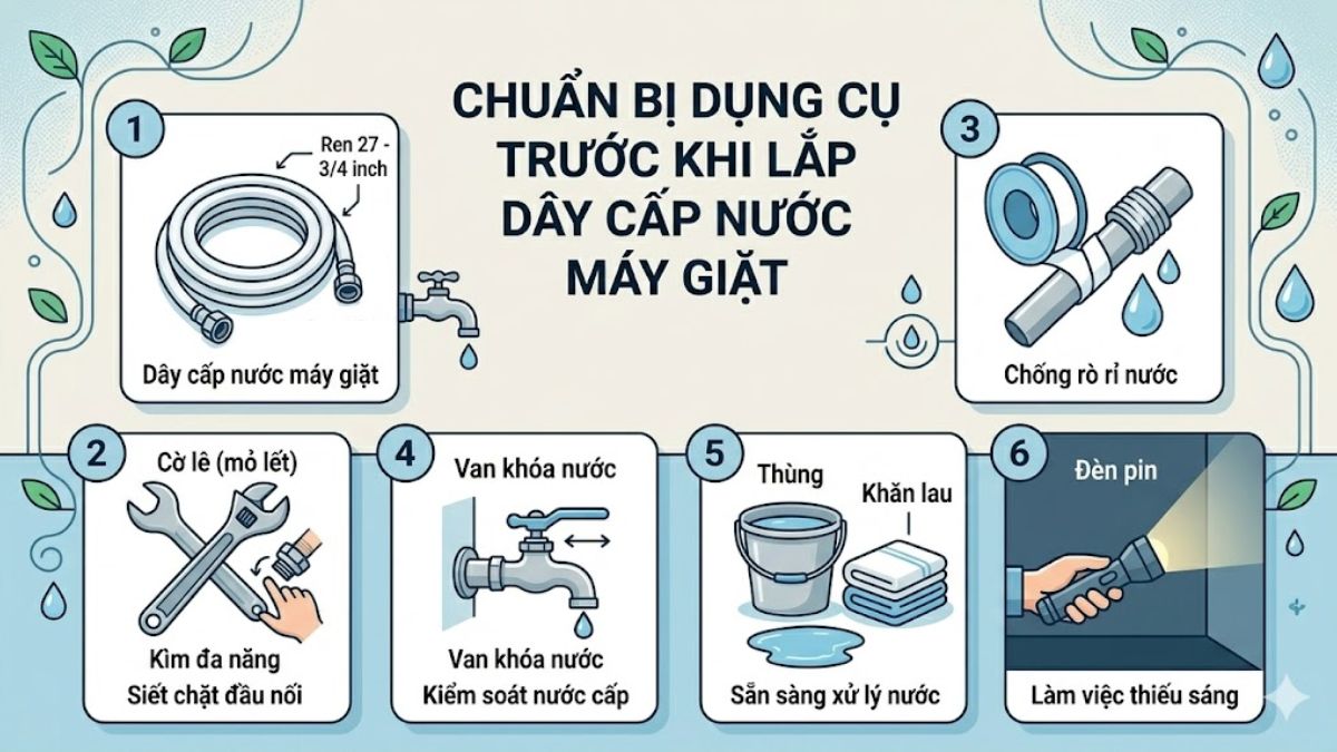 Chuẩn bị dụng cụ trước khi lắp dây cấp nước máy giặt
