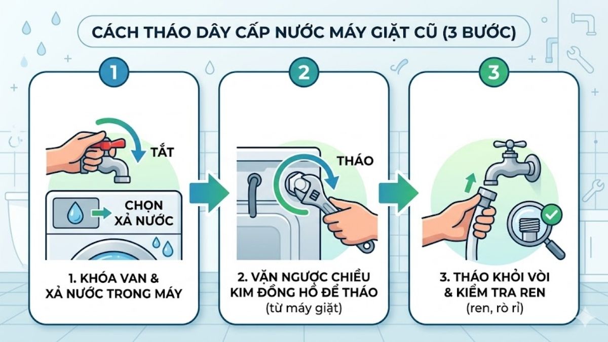Cách tháo dây cấp nước máy giặt cũ 