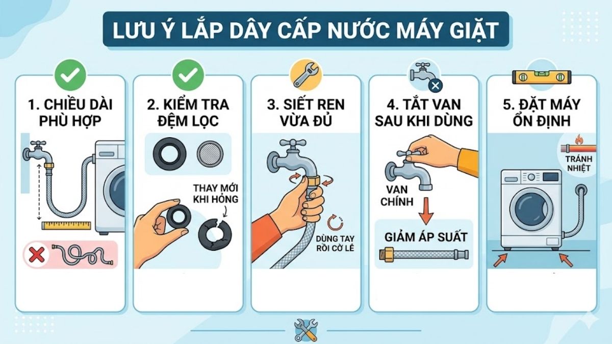 Lưu ý quan trọng khi lắp dây cấp nước máy giặt
