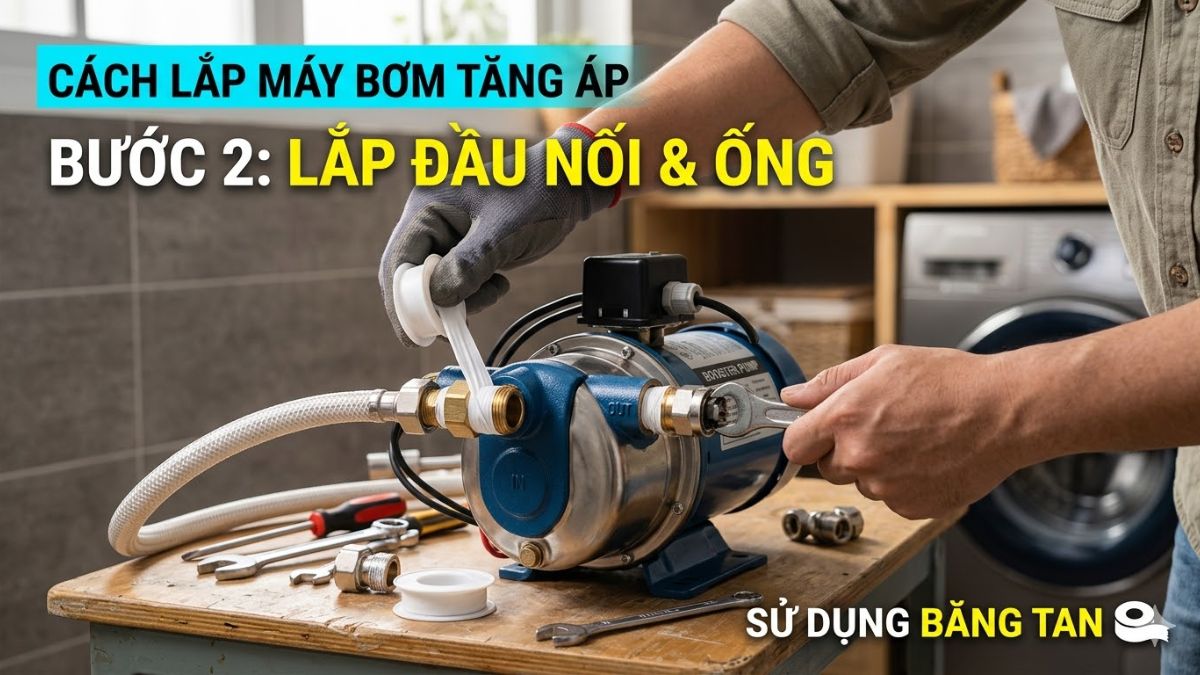 Lắp đầu nối và ống dẫn nước vào bơm