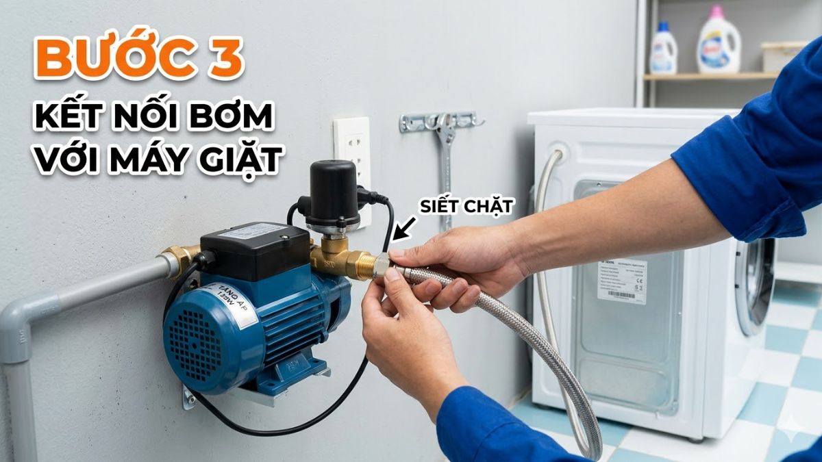 Kết nối bơm với đường ống cấp nước máy giặt