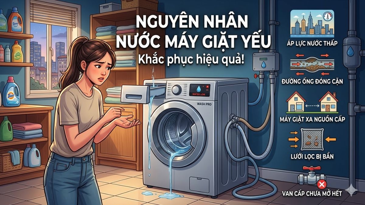 Nguyên nhân nguồn nước máy giặt bị yếu
