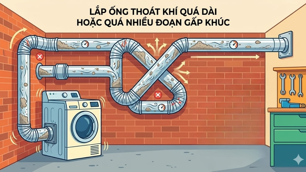 Lắp ống thoát khí quá dài hoặc quá nhiều đoạn gấp khúc