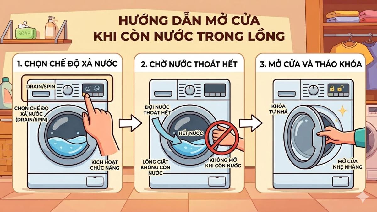 Cách mở cửa máy giặt khi còn nước trong lồng